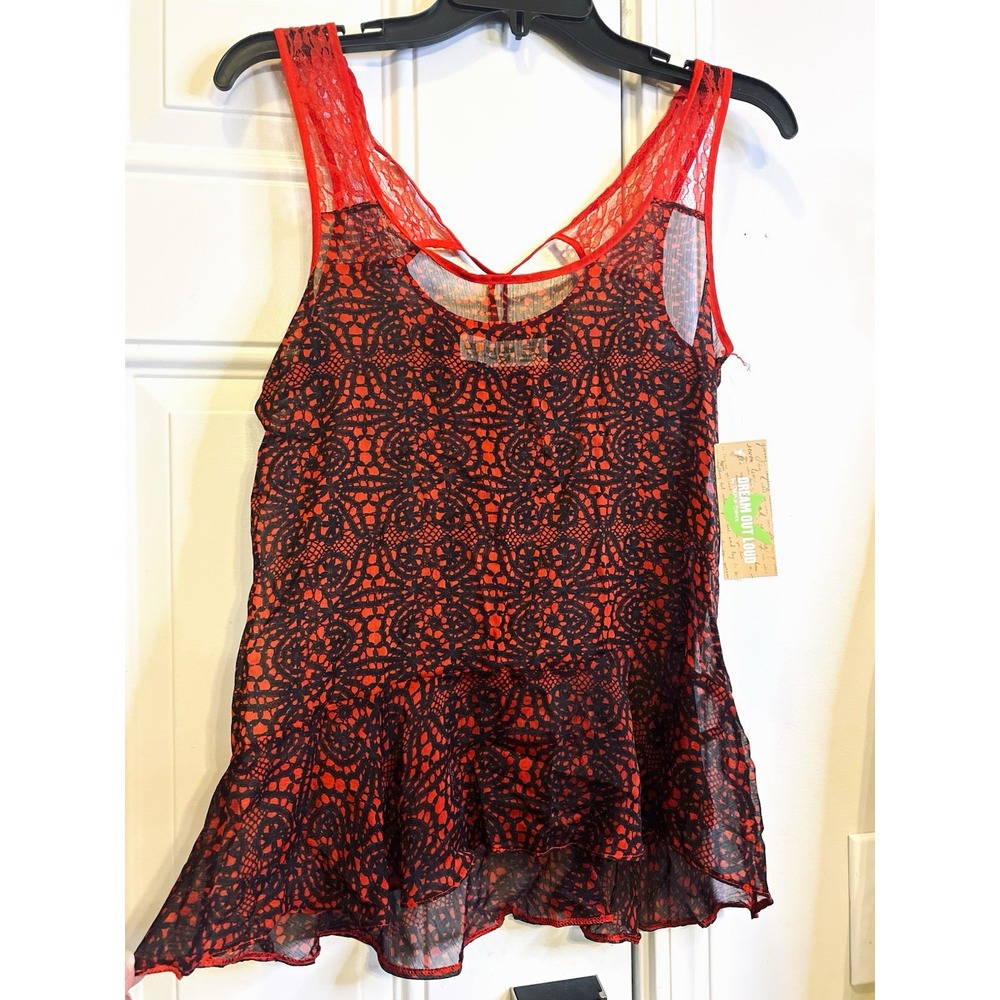 NWT Selena Gomez Dream Out Loud Tank Top S Red Black Lace Print Sheer 2010s Y2K